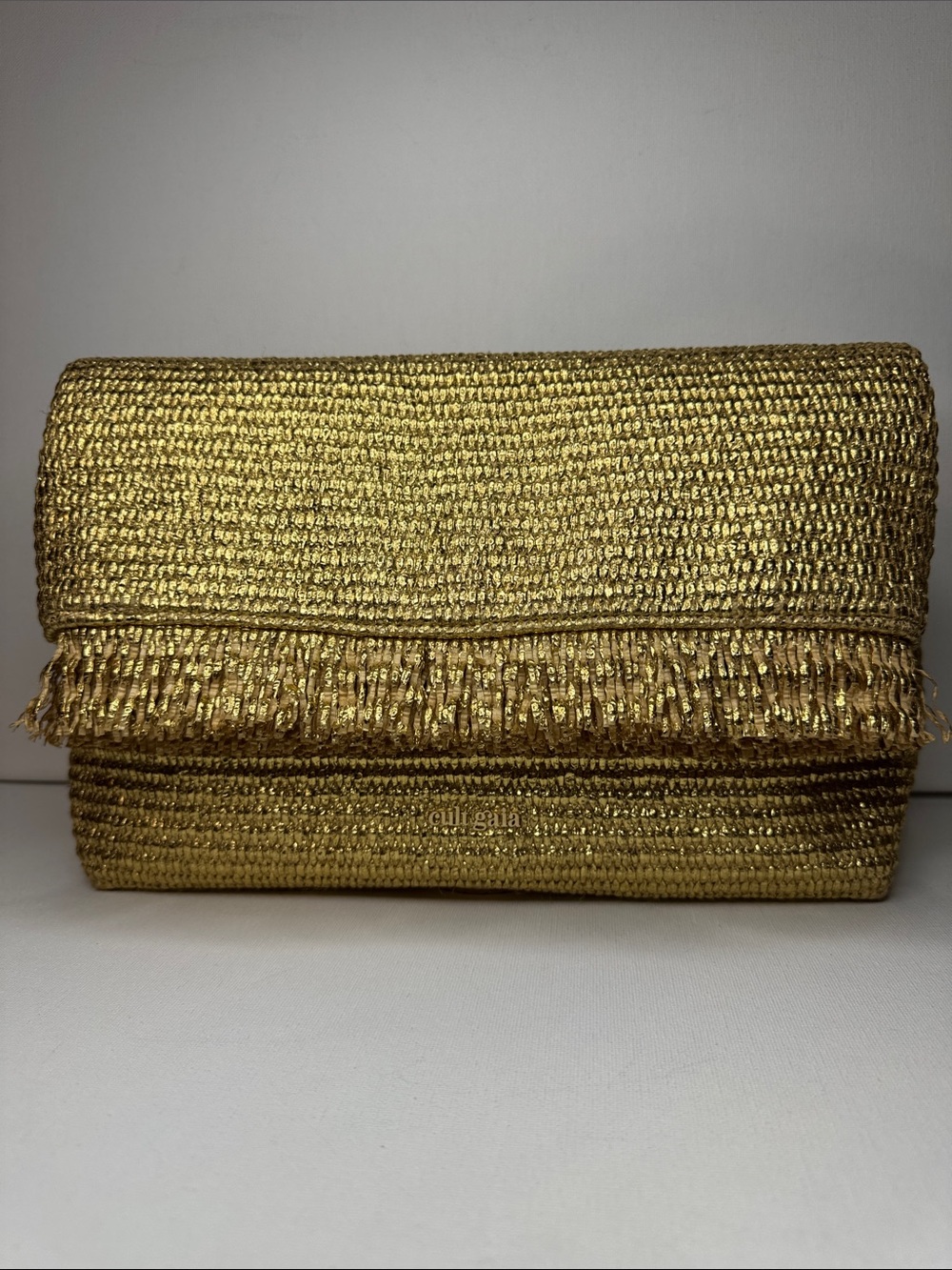 Cult Gaia Gold Metallic Raffia Shanti Fringe Clutch Bag